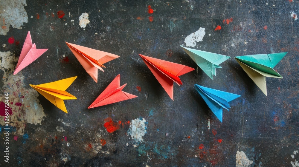 Poster group of paper planes flying in one direction with one plane pointing in a different direction to sy