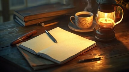 A writer&acirc;&euro;&trade;s desk with a blank notebook and pen, a cup of coffee nearby, warm ambient lighting, creative and inviting mood