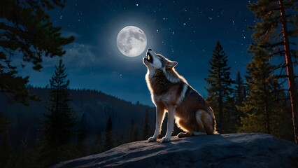 Mystical wolf howling at radiant full moon enchanted night forest scene