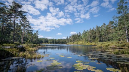Serene lake, forest, sunny day, tranquil scene