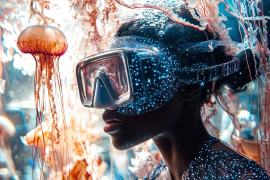 Immersive futuristic diving adventure with high tech mask and bioluminescent marine life