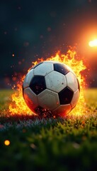 Naklejka premium Football field ablaze with blazing soccer ball , inferno, fire