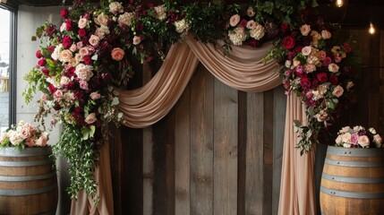 Fototapeta premium Elegant Floral Arch with Drapes for Wedding or Event Decoration