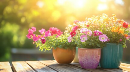 Colorful ceramic flowerpots filled with blooming flowers on a cozy wooden deck, soft golden sunlight enhancing the serene garden ambiance. 