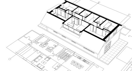 residential architecture house plan 3d illustration