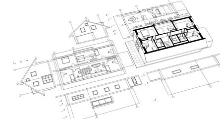 residential architecture house plan 3d illustration