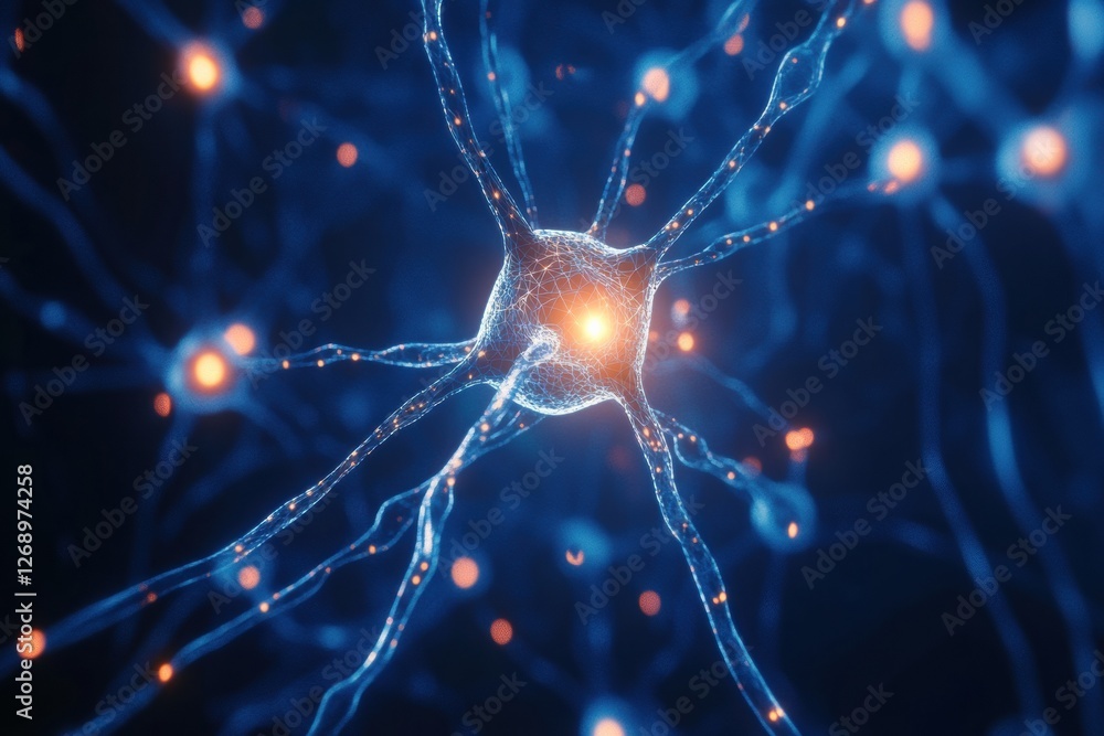 Aufkleber Scientific illustration of a neuron showing complex network and glowing connections in a digital representation. Generative AI