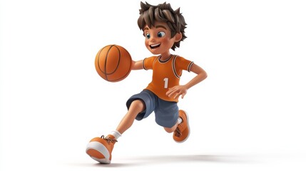 3D cartoon teenage basketball player bouncing the ball isolated white background