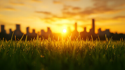 Vibrant Golden Sunset Over City Skyline with Green Grass in the Foreground and a Blurred Cityscape Background