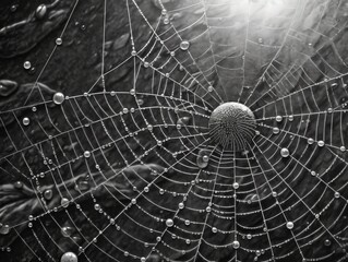 Obraz premium Detailed close up of a spiderweb with dew drops and spider pattern against a textured background