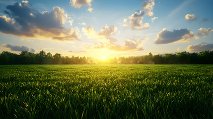 Vibrant Green Grass Field Meeting Warm Sunset Light Under Cloudy Sky