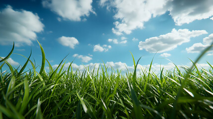 Fototapeta premium Vibrant Green Grass Under a Cloudy Blue Sky in a Serene Meadow Landscape on a Sunny Day
