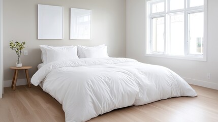 Bright bedroom, large bed, white linens, sunlight, minimalist decor, home staging