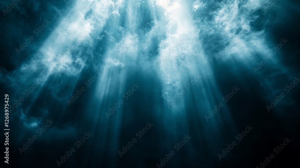 Poster bright beams of light penetrate dense, dark clouds, illuminating the atmosphere with an enchanting g