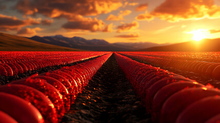 Fototapeta premium Vibrant Red Field at Sunset with Golden Light and Mountain Backdrop