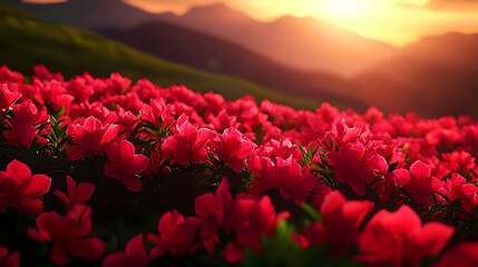 Vibrant Red Flowers Blossom in Mountain Field at Warm Sunset Serene Landscape