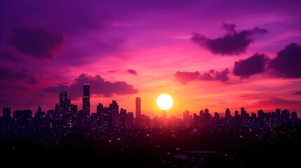 Vibrant Skyline Silhouette at Sunset with Purple Sky in Urban Environment