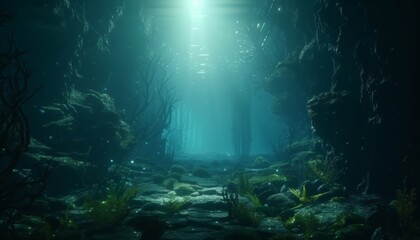 Fototapeta premium Mysterious deep sea trench glowing flora and ancient sea creatures in cinematic lighting