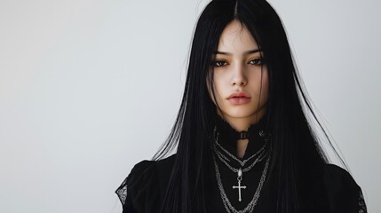 Fototapeta premium Asian female model with long black hair and multiple necklaces in dark clothing isolated on white background young woman oriental fashion portrait serious