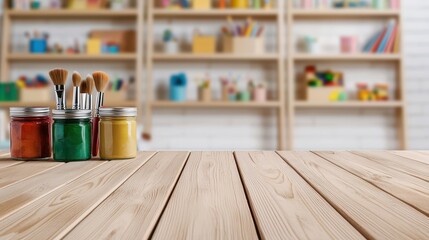Wood Desk for Child or Kindergarten Interior Concept, Softly Lit Wooden Desk with Paint Jars and Brushes in Bright Creative Workspace Setting