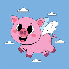 Cute pig flying with wings cartoon