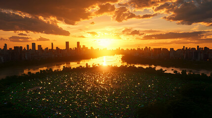 Naklejka premium Vibrant Sunset Over Urban Cityscape Reflecting in Water with Golden Light and Cloudscape