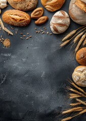 Freshly baked bread assortment with grains and seeds on a dark rustic background