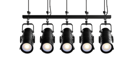 Five hanging stage lights illuminating in dark setting. Isolated on transparent background. Generative AI