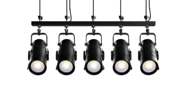 Five hanging stage lights illuminating in dark setting. Isolated on transparent background. Generative AI - Powered by Adobe