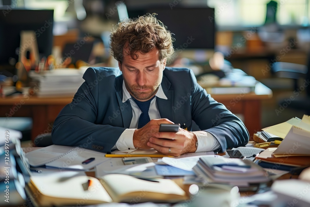 Poster man procrastinating at work by browsing on his phone instead of completing tasks.
