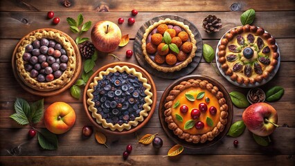 Fototapeta premium Homemade Pie Assortment: Five Delicious Top-View Pies