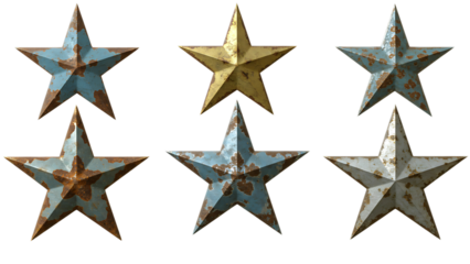 Rustic metal stars weathered vintage patriotic decor elements isolated transparent background,Decor Elements (PNG),Rustic Elegance Aged Metal Stars for Vintage Americana Decor (Transparent PNG)