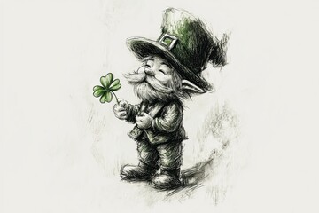 Fototapeta premium Charming leprechaun with a four-leaf clover in a whimsical pose on a light background
