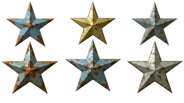 Rustic metal stars weathered vintage patriotic decor elements isolated transparent background,Decor Elements (PNG),Rustic Elegance Aged Metal Stars for Vintage Americana Decor (Transparent PNG)