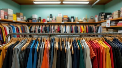 Used clothes rack, Thrift store rack vivid backgrounds with clear patterns photorealistic.