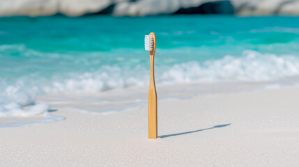 Fototapeta premium Natural bamboo toothbrush embedded in soft beach sand