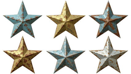 Obraz premium Rustic metal stars weathered vintage patriotic decor elements isolated transparent background,Vintage Americana Weathered Metal Stars for Rustic Decor (Isolated PNG),Rustic Metal Stars Collection ,