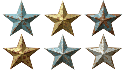 Rustic metal stars weathered vintage patriotic decor elements isolated transparent background,Vintage Americana Weathered Metal Stars for Rustic Decor (Isolated PNG),Rustic Metal Stars Collection ,