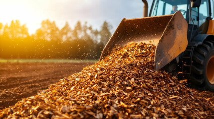 Yellow Tractor Discharging Wood Chips on Soil Under Bright Sunlight at Rural Landscape with Trees and Blue Sky on Clear Day in Autumn