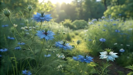 Love-in-a-Mist in Sunlight: A breathtaking field of Love-in-a-Mist flowers bathed in the warm golden light of the setting sun. Delicate blue petals contrast beautifully against the lush green foliage.