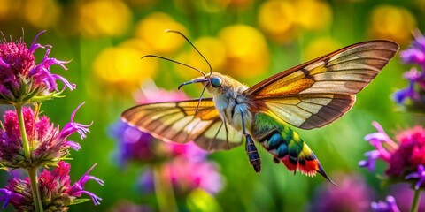Hummingbird Moth Pollinating Meadow Flowers: Candid Nature Photography