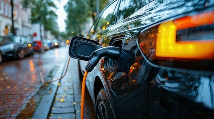 Obraz premium Electric car charging in urban setting during autumn, highlighting sustainability, technology, and eco friendly transport