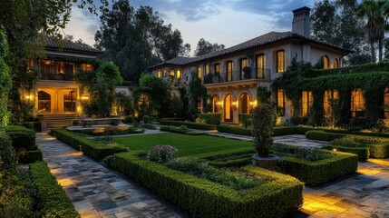Obraz premium A peaceful backyard garden at night, with elegant landscape lighting casting gentle glows on manicured hedges and cobblestone walkways.