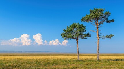 Two pine trees on a golden steppe under a clear blue sky