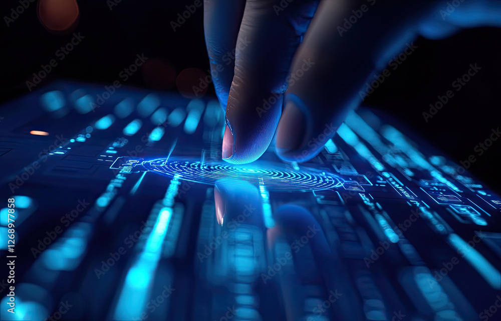 Poster futuristic fingerprint biometric scan on digital interface