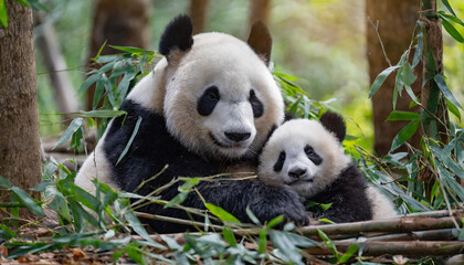 Fototapeta premium Una mamá oso panda con su adorable cachorro tumbados en un bosque de bambú verde en el dia mundial del oso panda