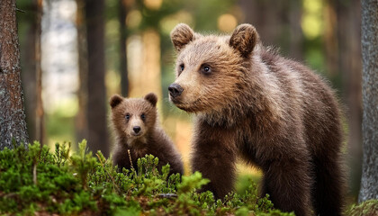 Obraz premium Una osa y su osito cachorro caminando en libertad por un bosque verde