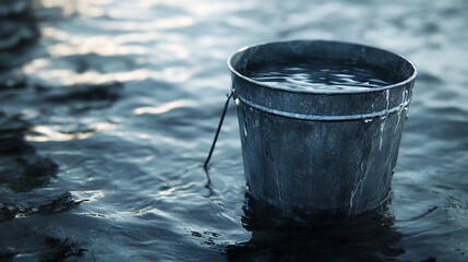 A metal bucket brimming with water spilling over