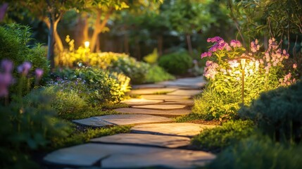 Fototapeta premium A serene outdoor garden at dusk, illuminated by warm landscape lighting. Stone pathways glow softly, surrounded by lush greenery and vibrant flowers. 