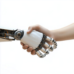 Human and robot handshake, white background, depicting technology and humanity collaboration 
